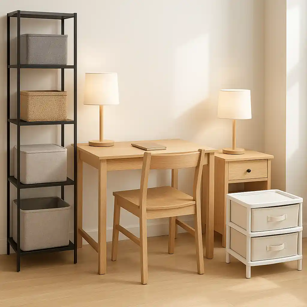 Dorm-ready furniture and storage items displayed in a store showroom