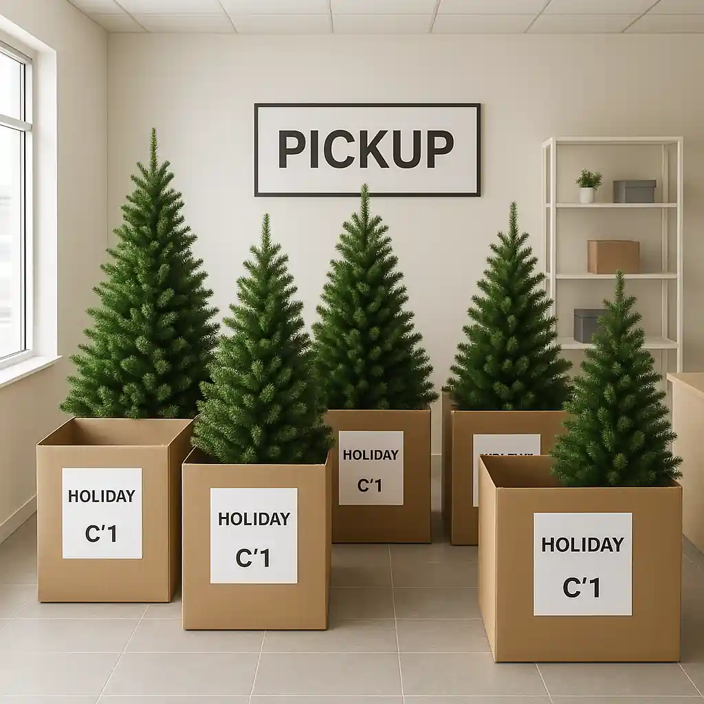 Boxed artificial Christmas trees in a retail pickup area showing Home Depot Christmas clearance markdowns
