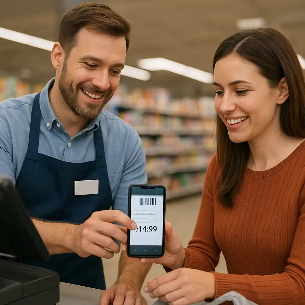 Store manager reviewing a smartphone screenshot with a customer to verify a Home Depot penny deals price