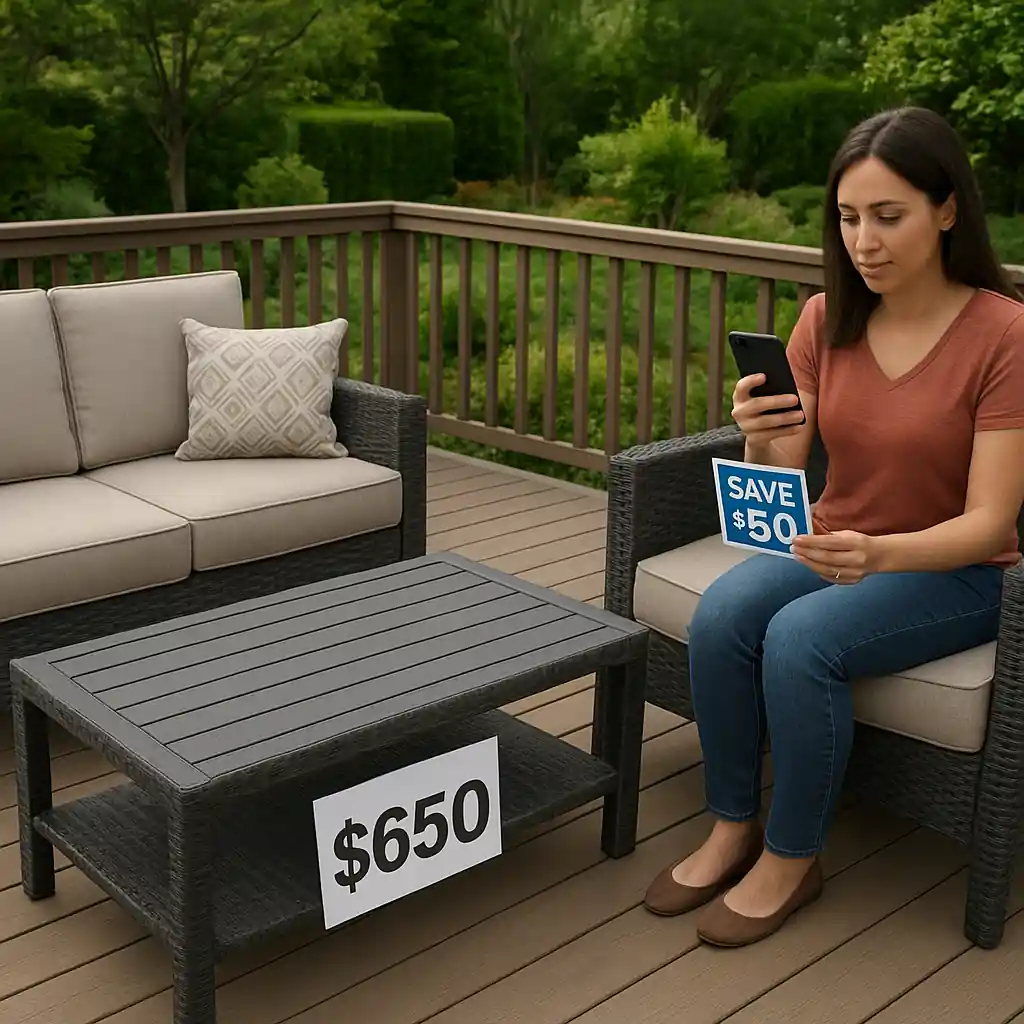 Shopper reviewing a coupon on their phone next to patio furniture that shows sale pricing