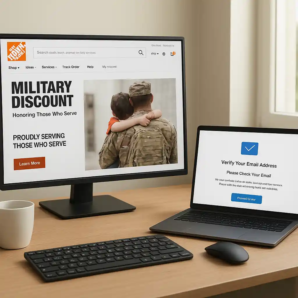Online verification screens for Home Depot military discount and email confirmation