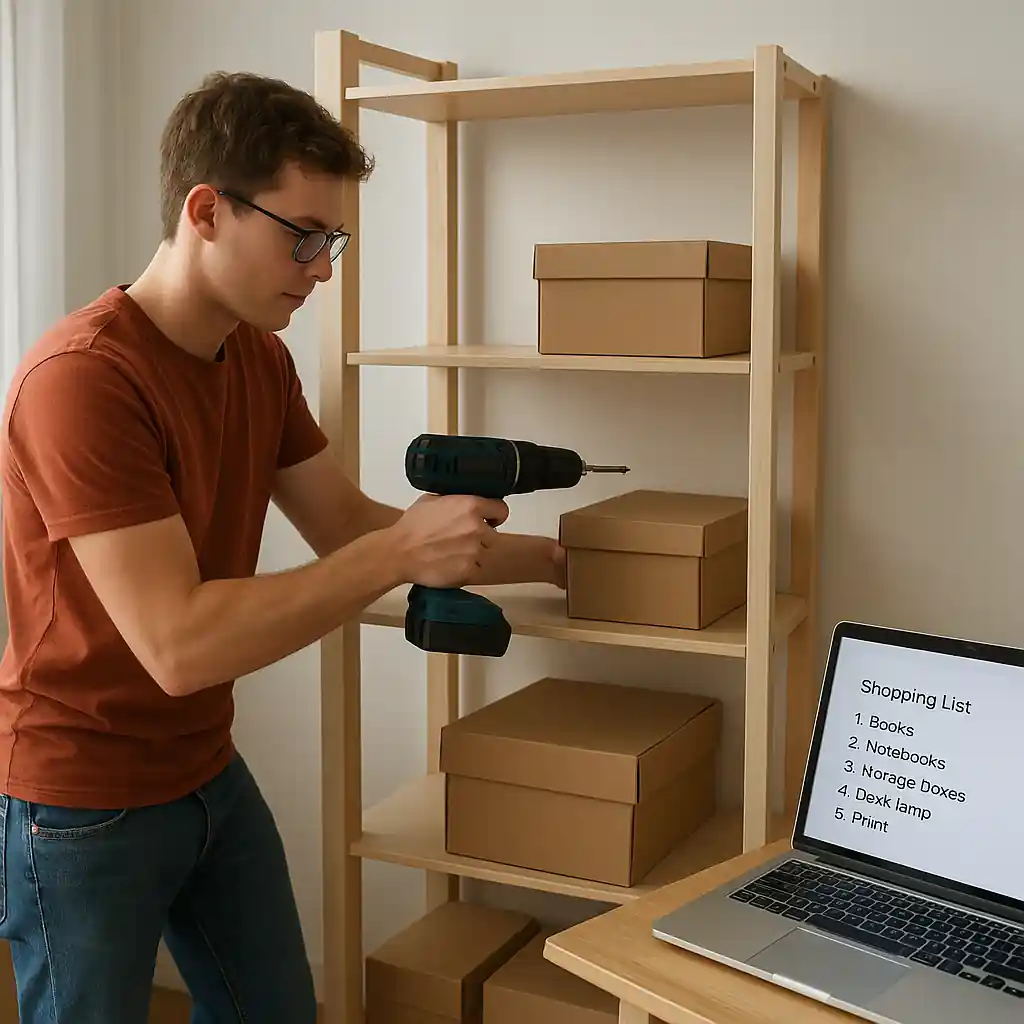 Student assembling shelving in a small apartment using a cordless drill