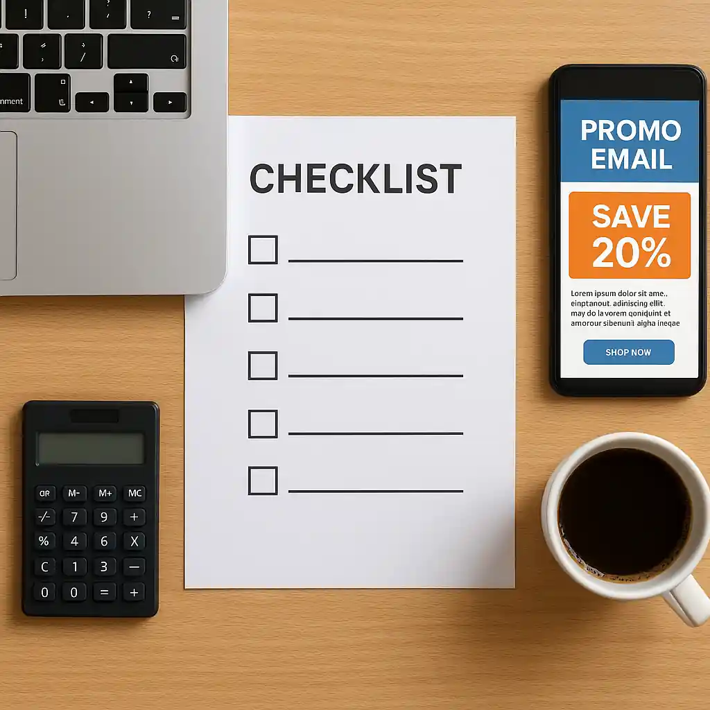 Verification checklist printed beside a laptop and smartphone showing a promo email