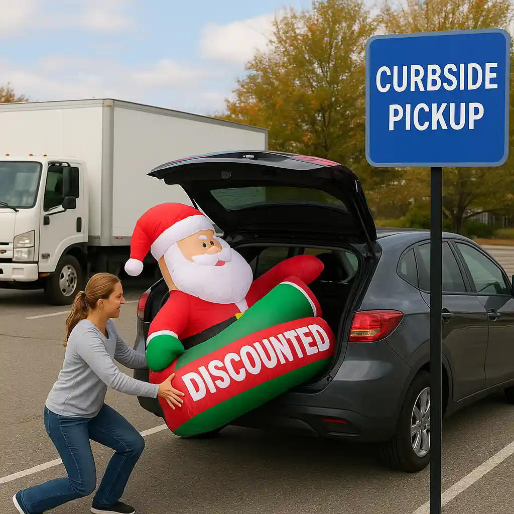 Customer picking up a Home Depot Christmas clearance inflatable via curbside pickup