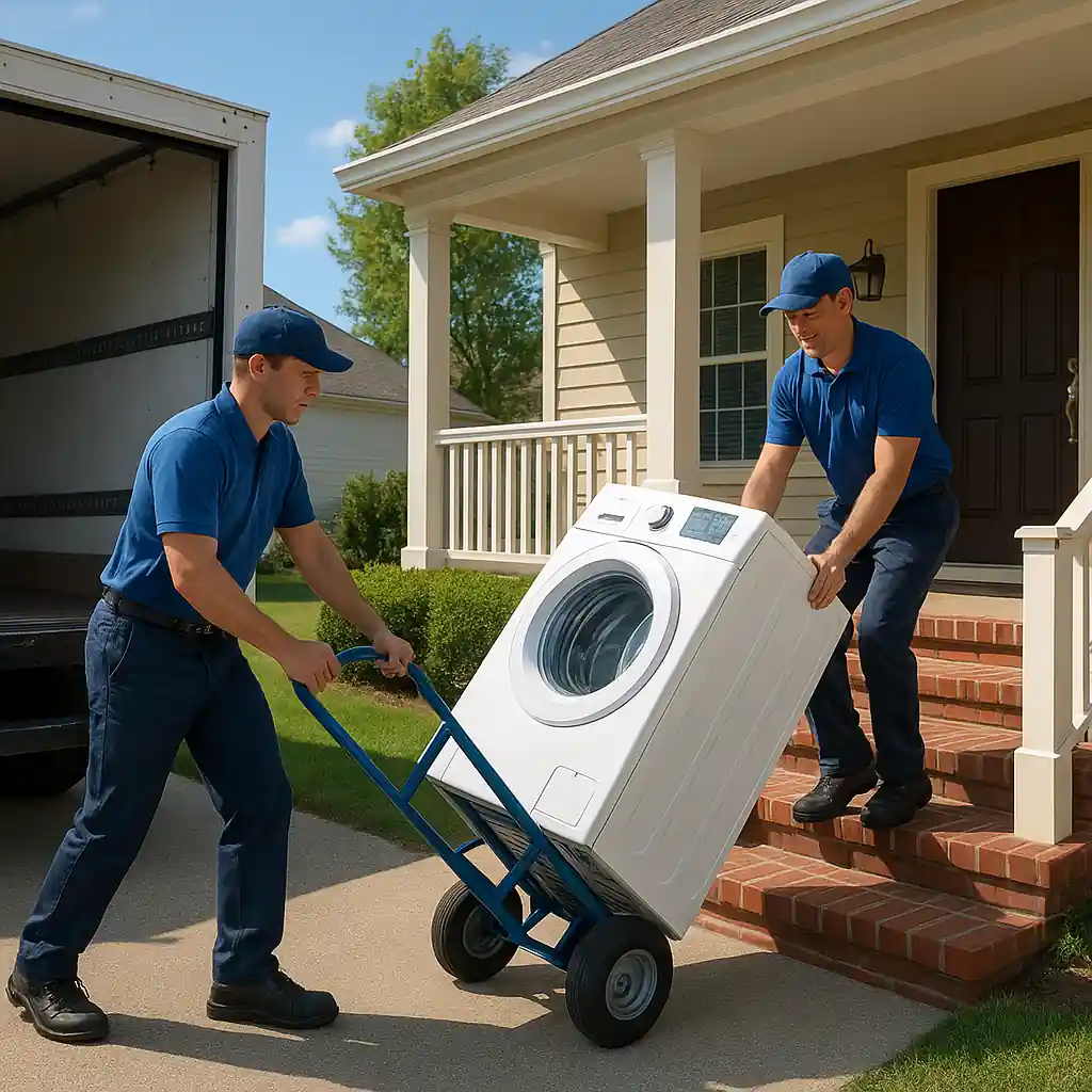 Delivery crew bringing a new washing machine into a customer's home during Memorial Day deliveries
