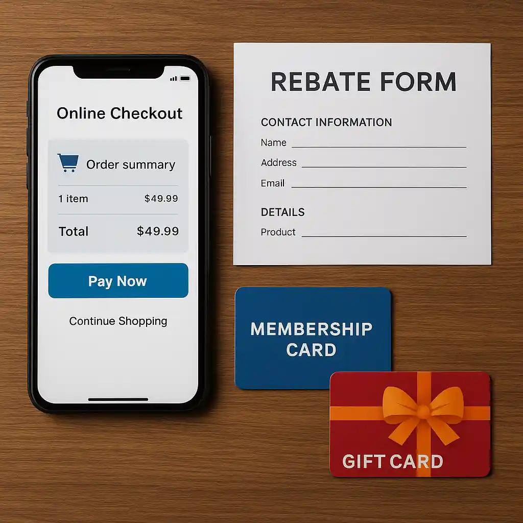 Phone displaying checkout with a promo code, alongside a rebate form and gift card to illustrate stacking savings