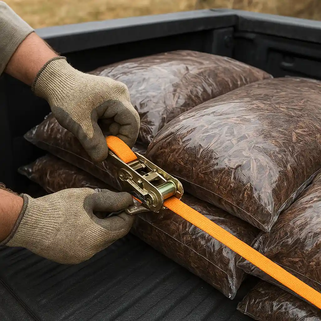 Securing bagged mulch in a truck bed with straps and gloves