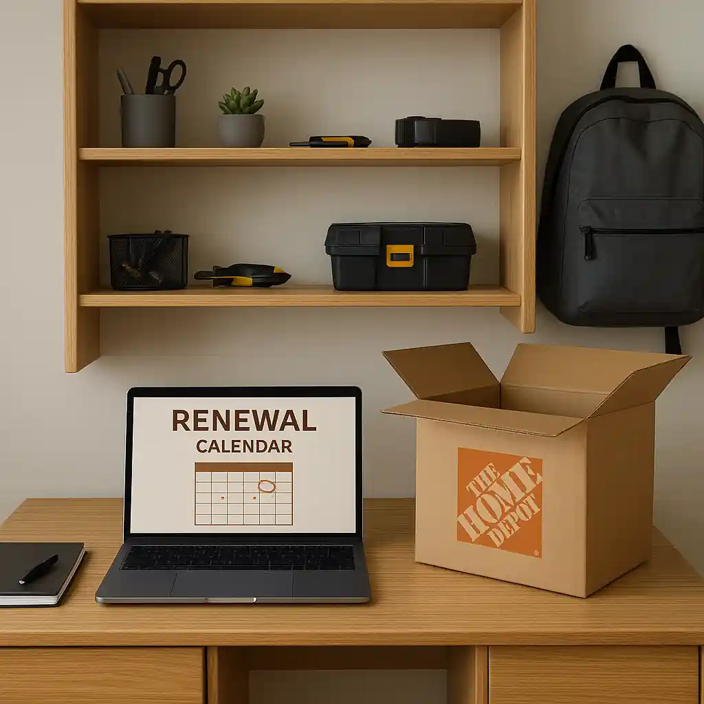 Dorm room with Home Depot box, tools, and laptop showing renewal calendar reminder