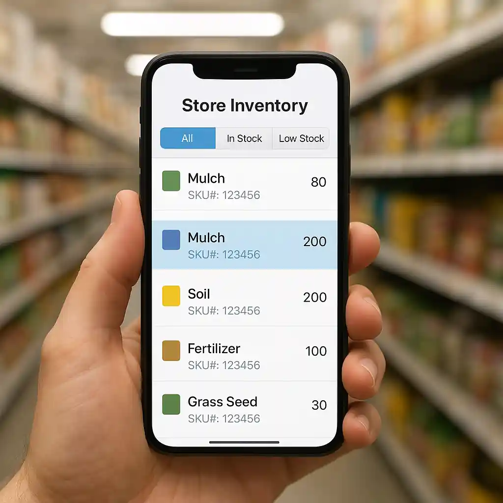 phone app checking local Home Depot mulch stock and SKU availability