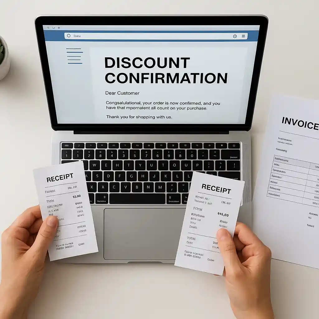 Hands comparing Home Depot discount confirmation email and receipts on a laptop