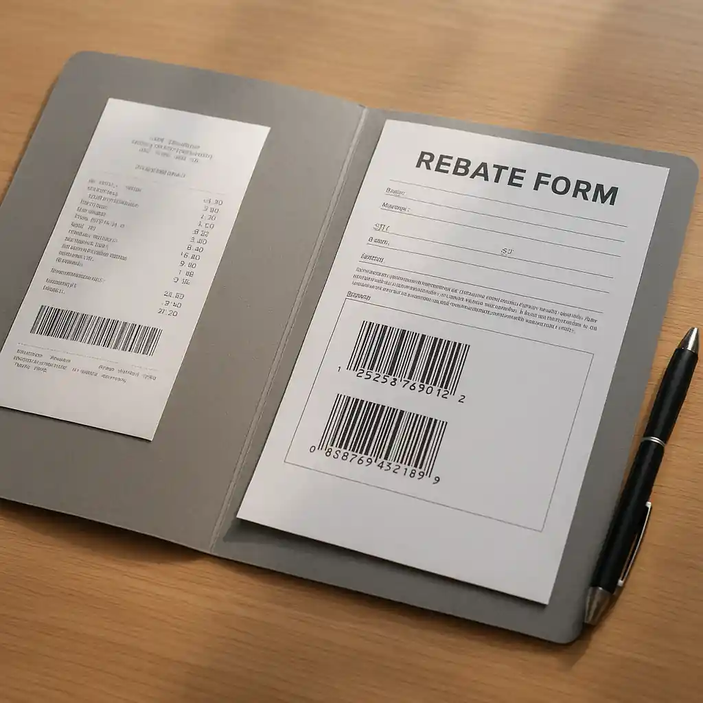 Organized receipts, UPCs, and rebate forms ready to file