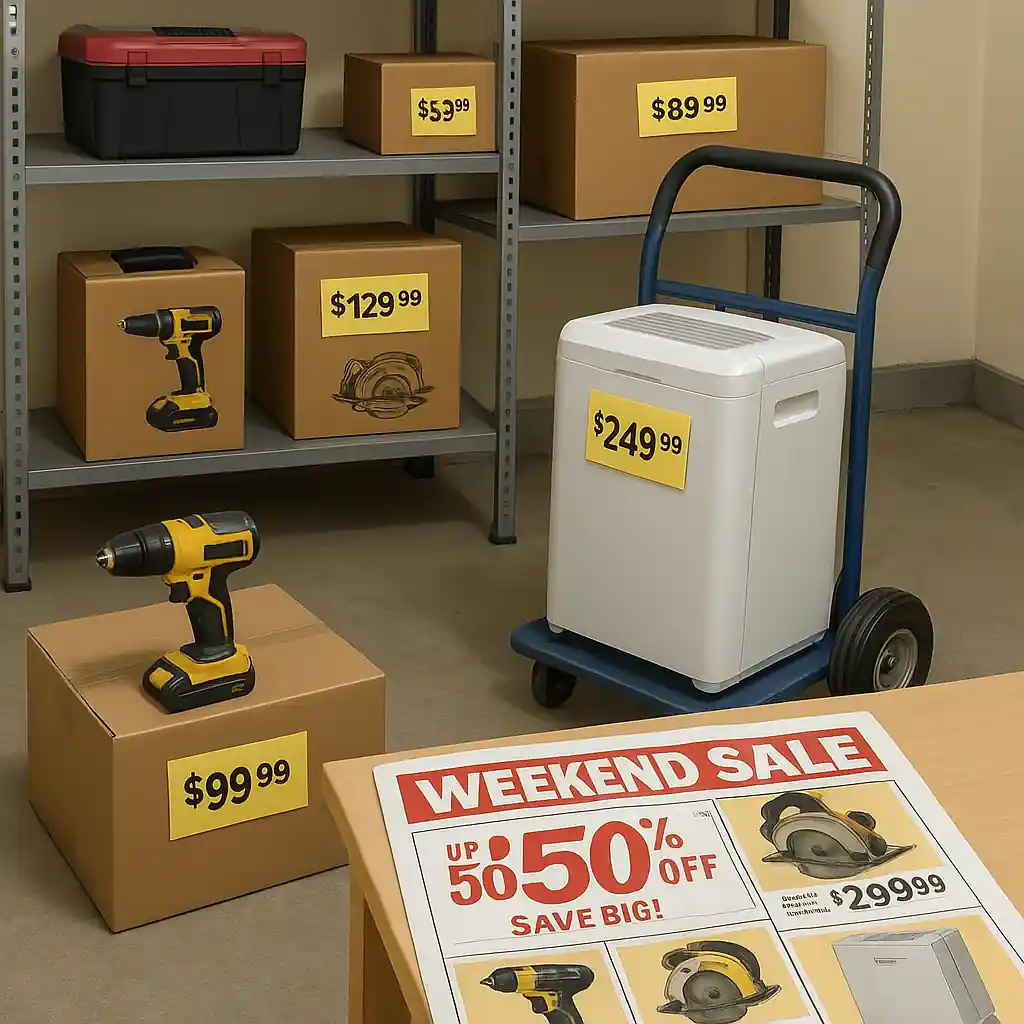 Garage staged with boxed tools and appliance next to a Home Depot weekly sale ad