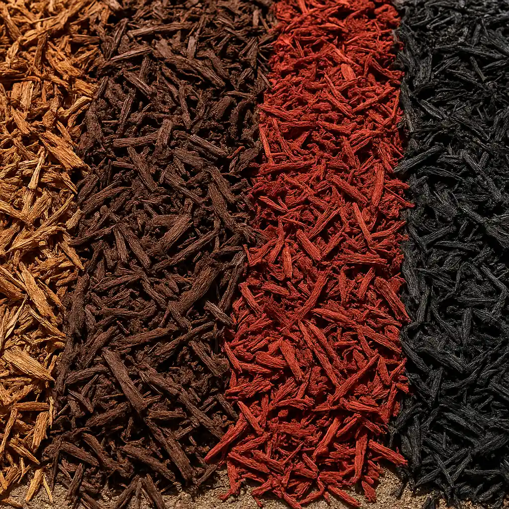 selection of mulch types and colors available during the Home Depot mulch sale 5 for 10, showing texture and color differences