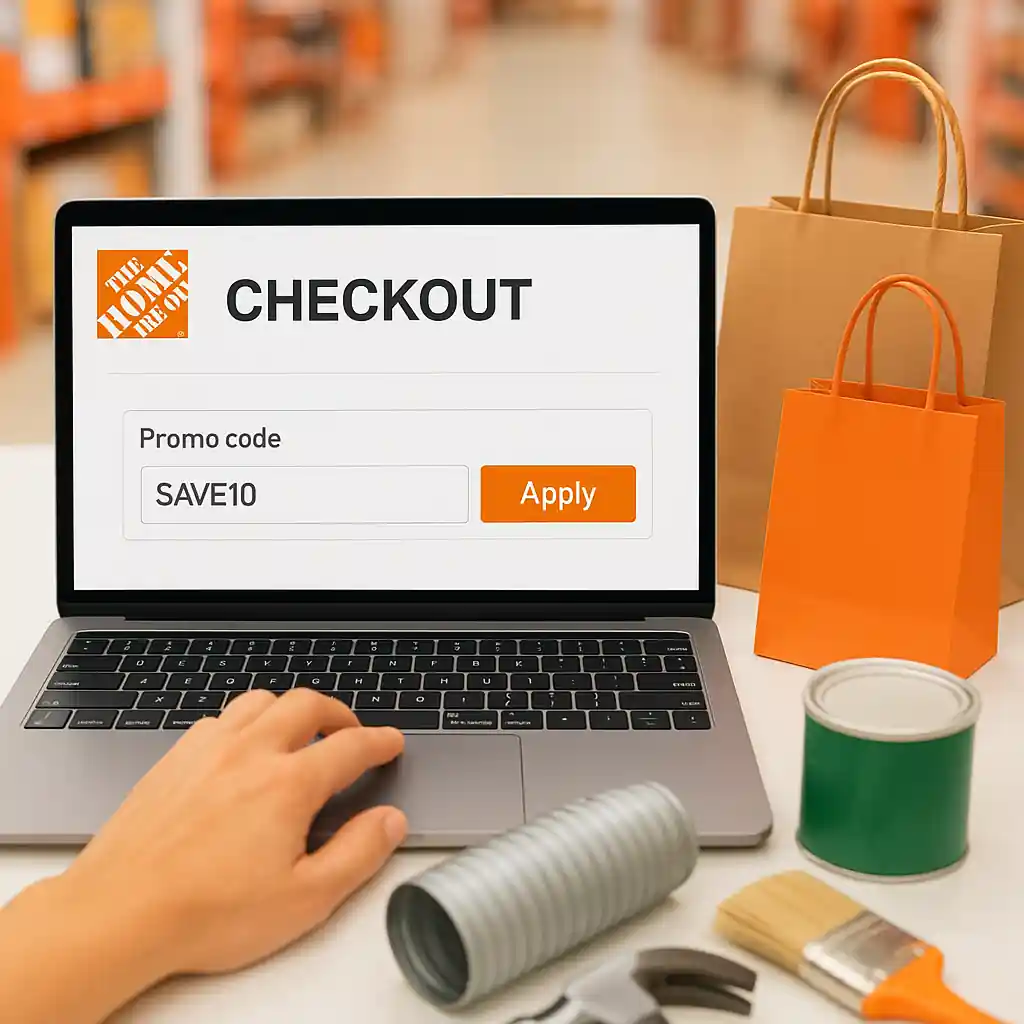Customer entering a home depot promo code on a laptop at checkout with tools and shopping bags nearby