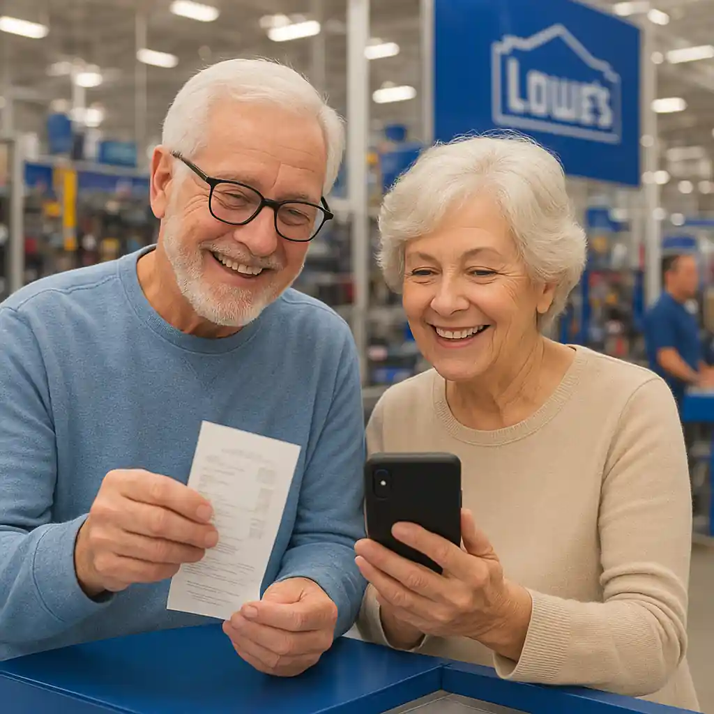 Senior couple at Lowe's customer service reviewing savings and receipts