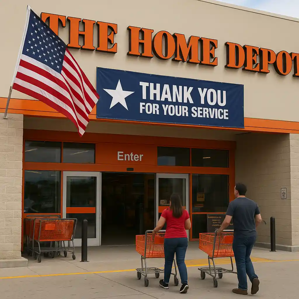 Exterior of a Home Depot store entrance with an American flag hanging and customers walking in with shopping carts