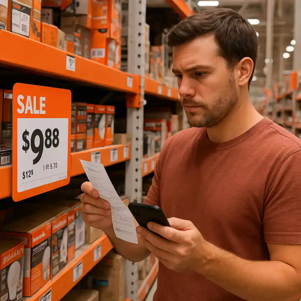 Shopper comparing Home Depot Labor Day sale price on shelf with online price on phone