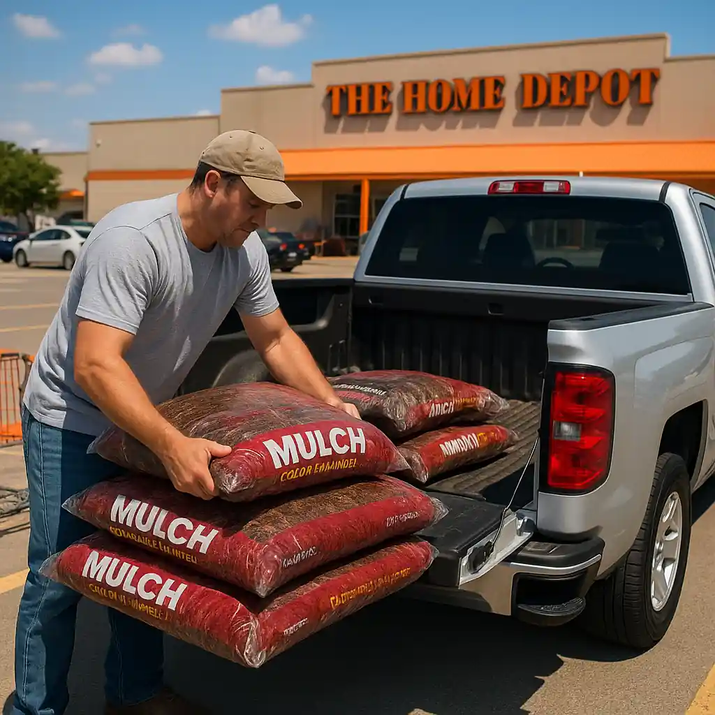 Customer loading mulch bags into a pickup truck in a store parking lot