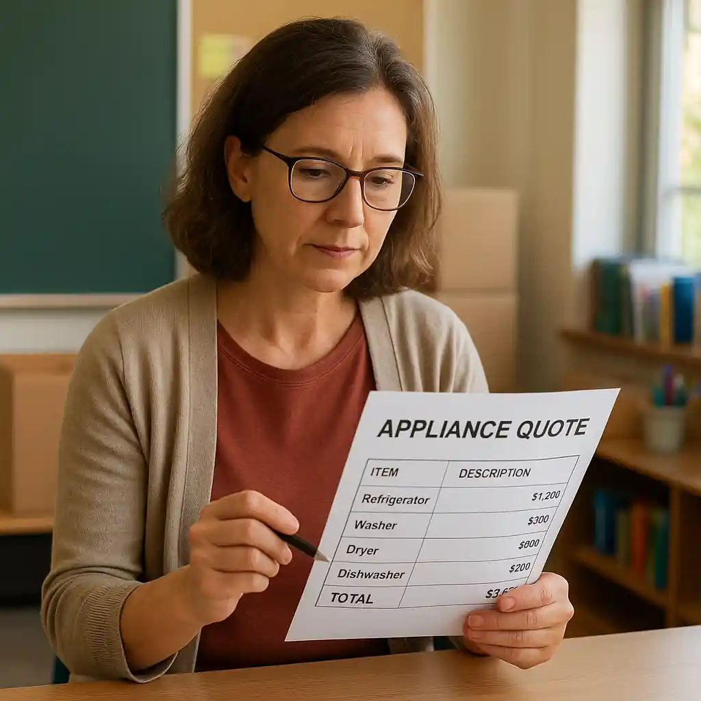 Teacher reviewing an itemized appliance quote on a desk with classroom supplies nearby