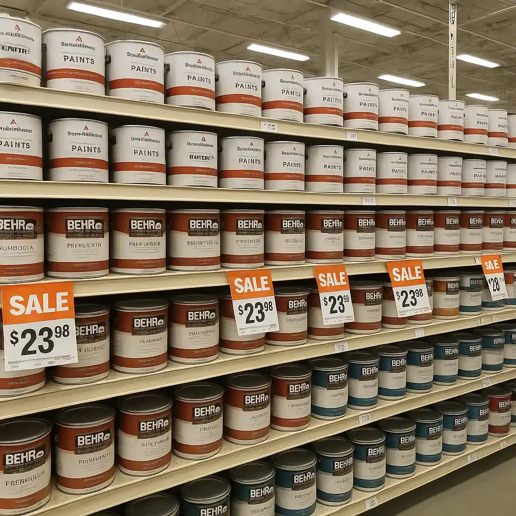 Home Depot paint aisle showing pre-mixed cans and sale shelf tags
