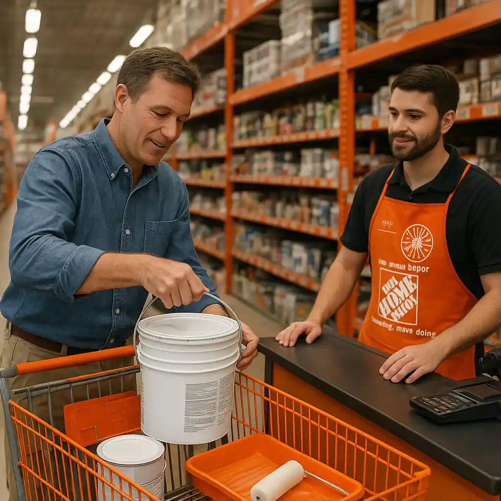 Shopper with cart at Home Depot checkout with paint cans and tools