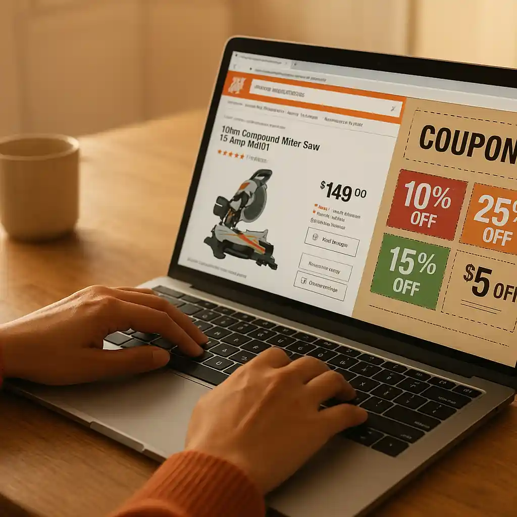 Shopper typing on laptop viewing Home Depot coupon online and product page