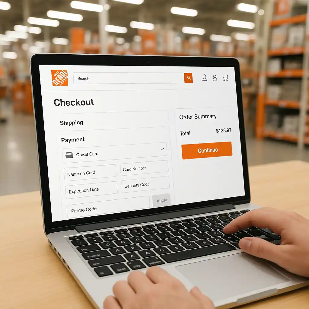 Person applying a Home Depot promo code in an online checkout screen on a laptop