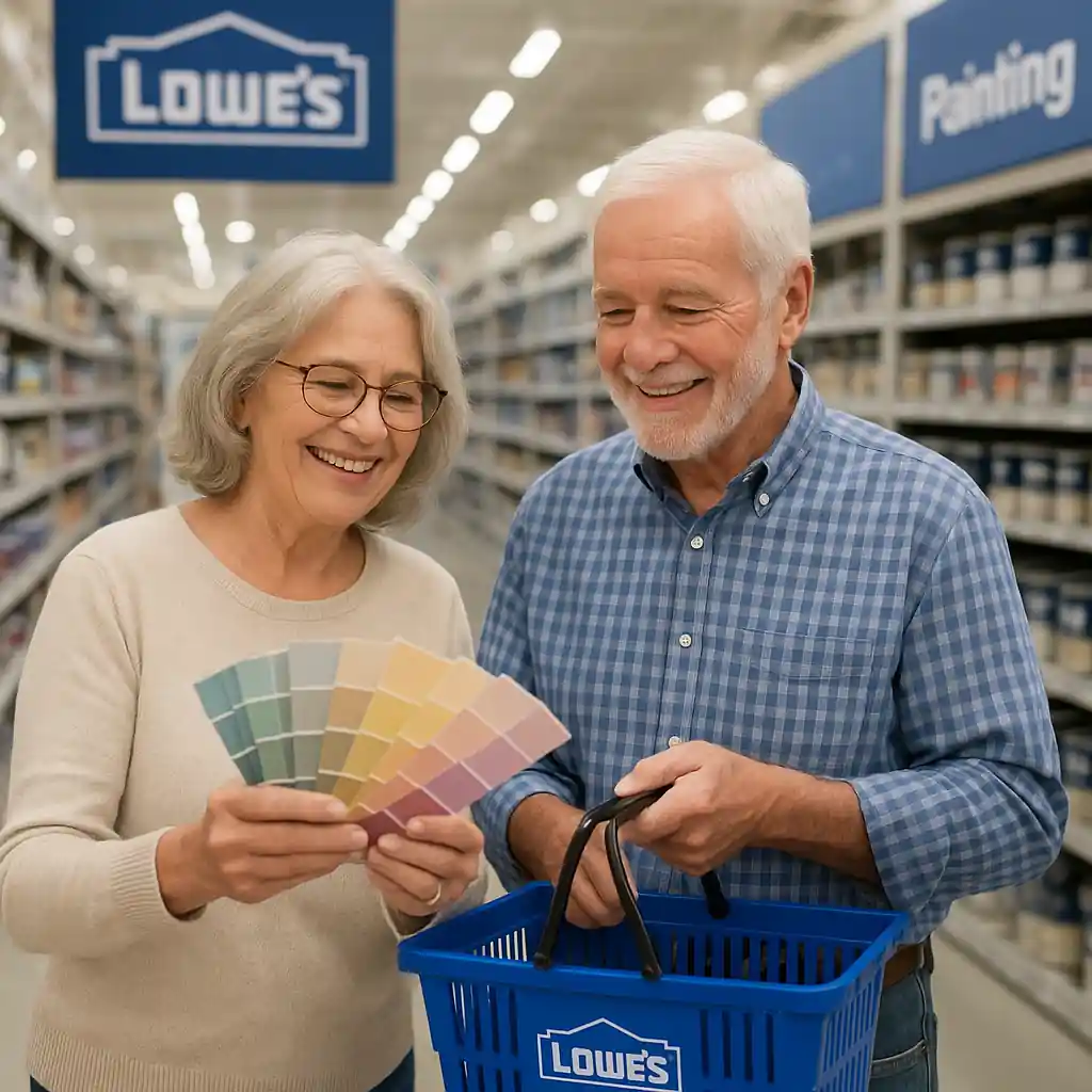 Senior couple shopping at Lowe's aisle comparing paint swatches and discussing savings; lowes discount for seniors context