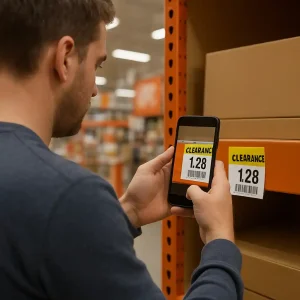 Customer photographing a Home Depot shelf tag and barcode in an aisle