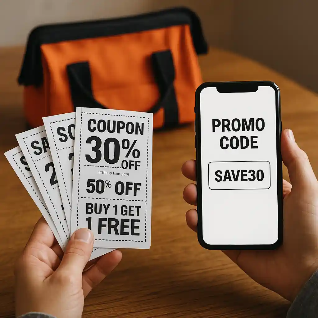 Hand holding a printed home depot coupon and smartphone displaying a promo code on a wooden table