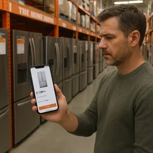 Customer in an appliance aisle showing competitor product page on phone to a store associate