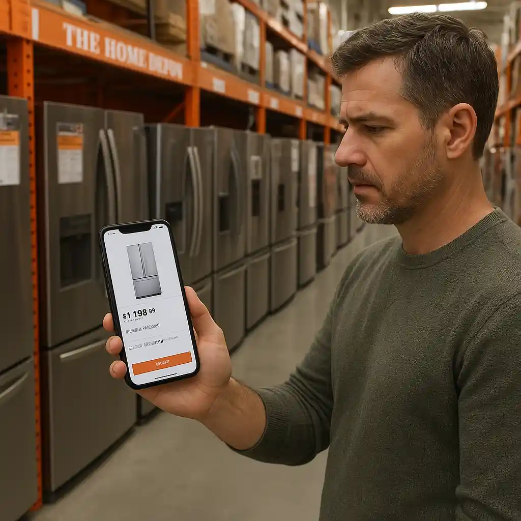 Customer in an appliance aisle showing competitor product page on phone to a store associate
