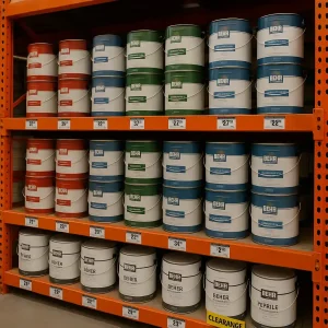 In-store paint aisle with cans stacked and a clearance sticker on a lower shelf