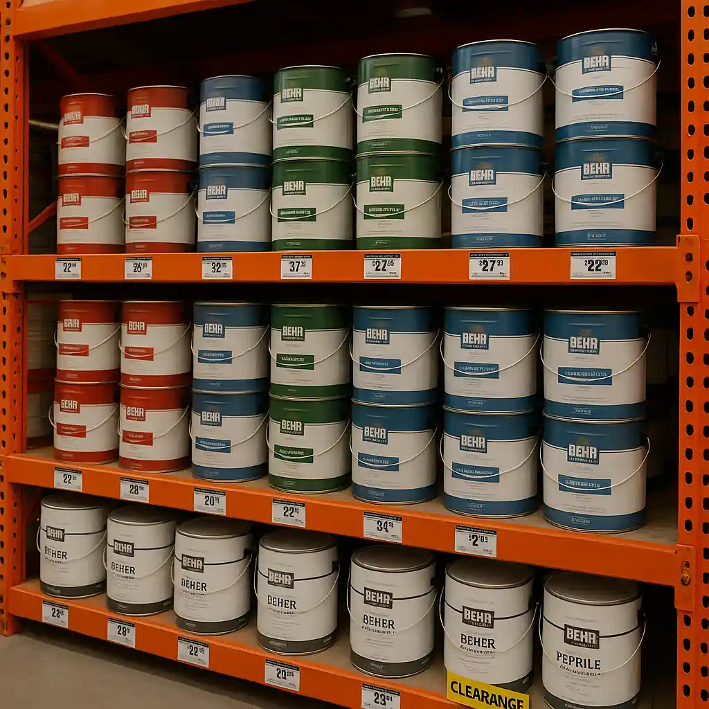 In-store paint aisle with cans stacked and a clearance sticker on a lower shelf