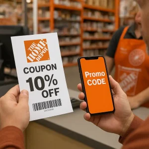 Shopper at Home Depot checkout holding printed coupon and phone displaying a promo code