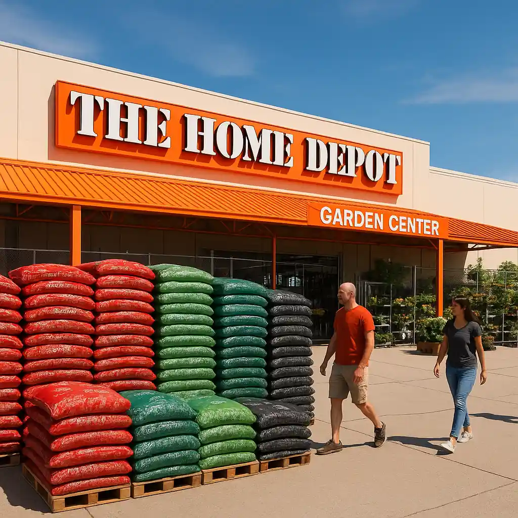Customers selecting stacked mulch pallets at a Home Depot garden center