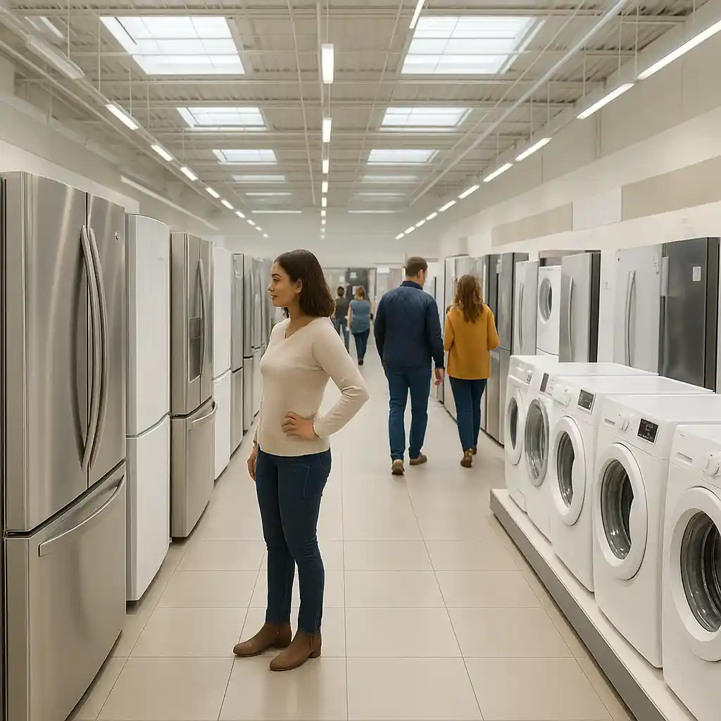 Customers browsing a Lowe's appliance aisle with refrigerators and washers on display
