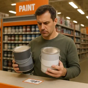 Customer comparing Home Depot paint cans and reading shelf price tags at a paint counter