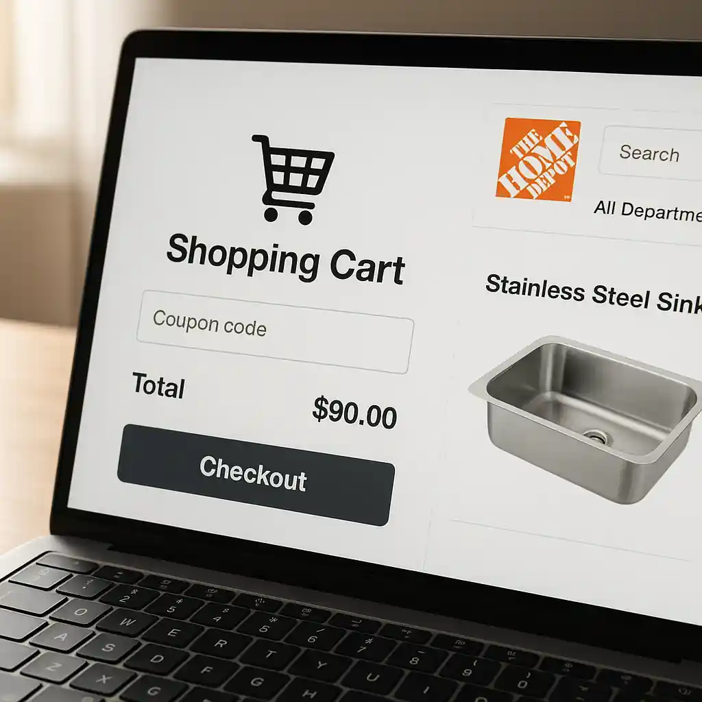Laptop checkout screen with cart and coupon field while viewing a Home Depot product page