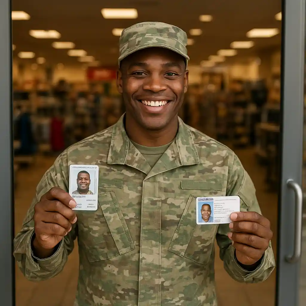 Service member holding military ID and driver’s license near Home Depot store entrance