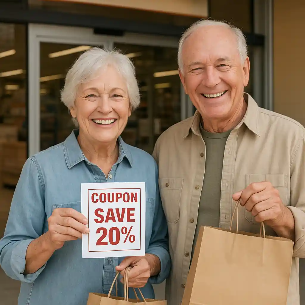 Senior couple holding Lowe's coupons and shopping bags at store entrance