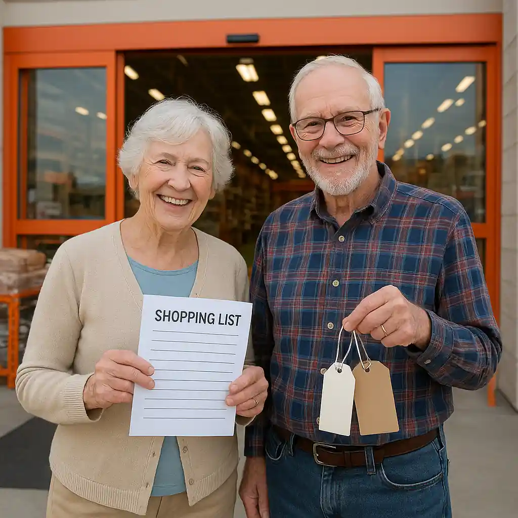 Senior couple entering a Lowe's store with a shopping list and comparing price tags