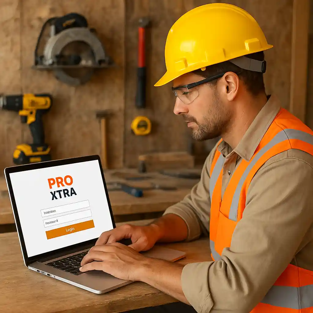 Contractor signing into a Pro Xtra account on a laptop in a workshop