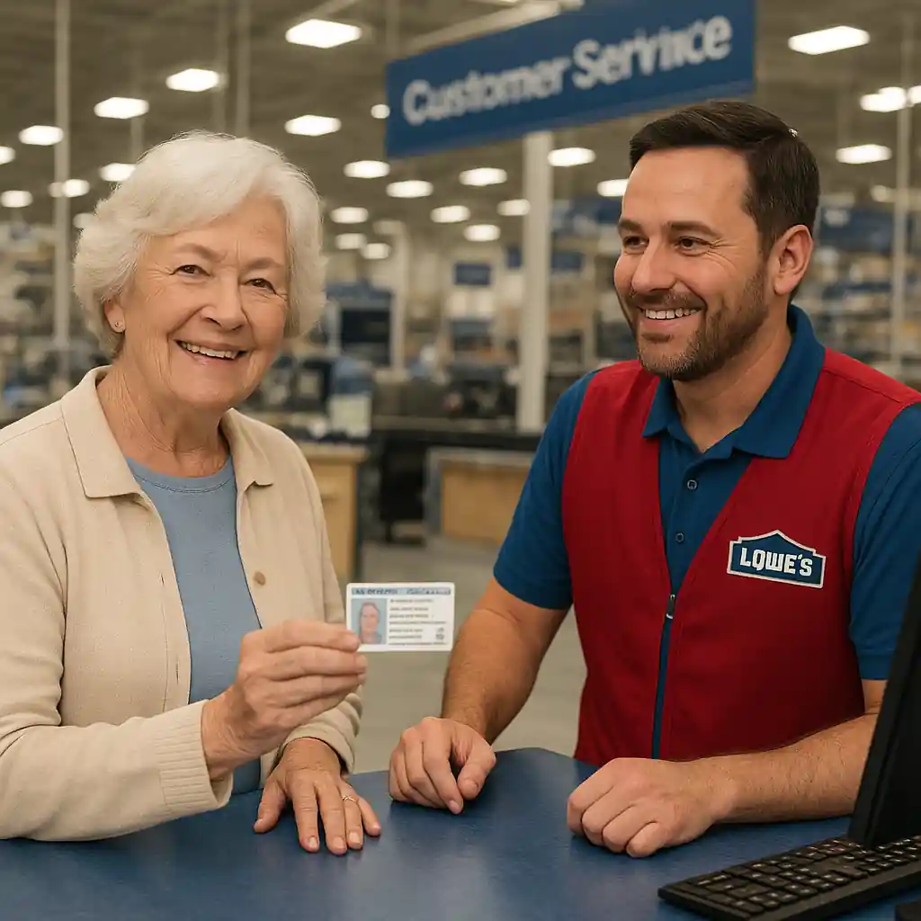 Senior shopper showing photo ID at a Lowe's customer service desk