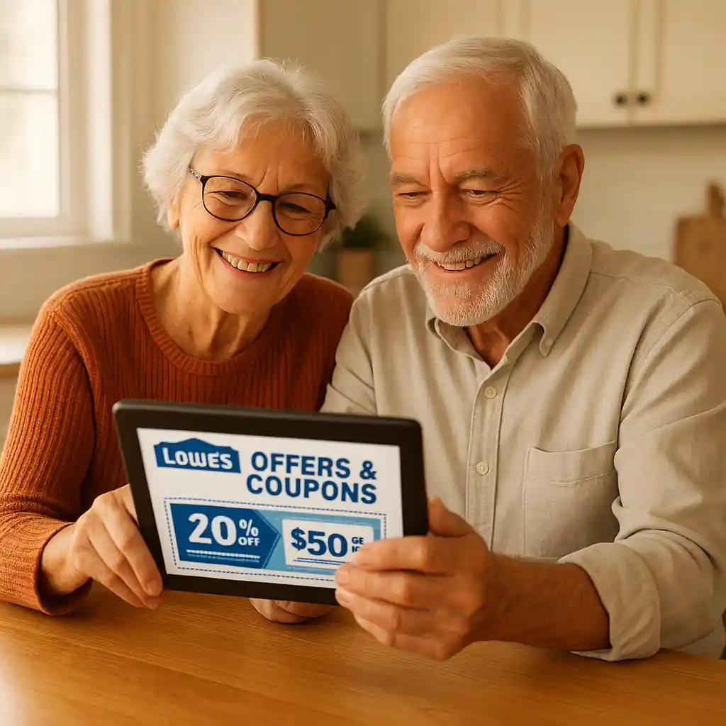 Senior couple checking lowes discount for seniors offers on a tablet at their kitchen table