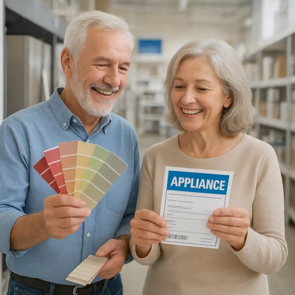 Senior couple comparing paint swatches in a home improvement store, showing active shoppers looking for discounts