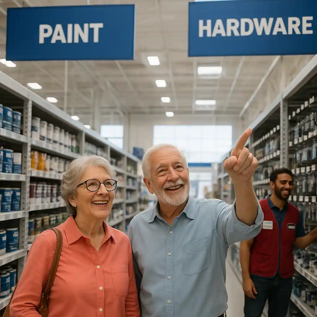 Senior couple shopping hardware at Lowe's with a sign about a local lowes discount for seniors in the aisle