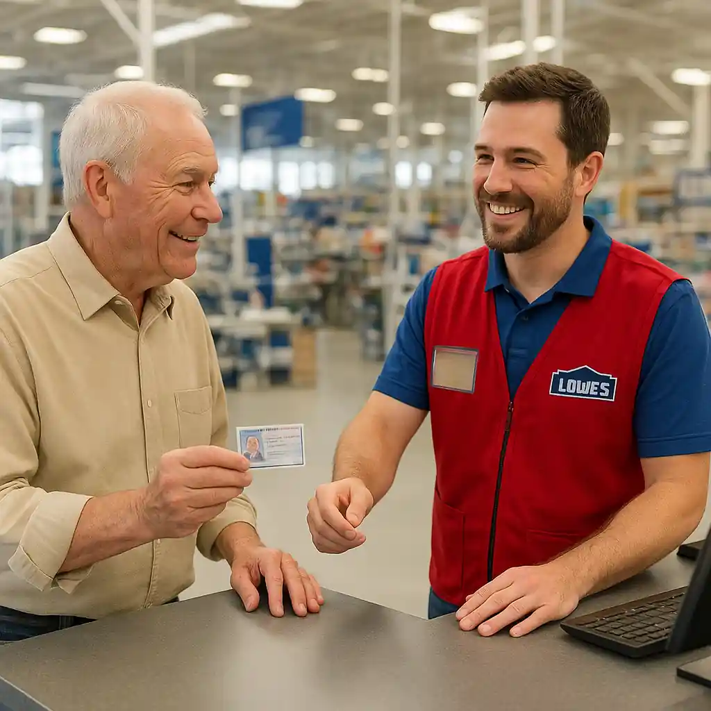 Senior shopper showing ID at Lowe's style store counter to cashier