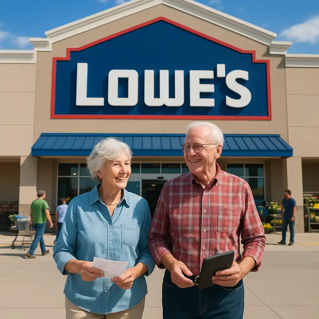 Older couple approaching Lowe's storefront, representing seniors shopping and looking for lowes discount for seniors