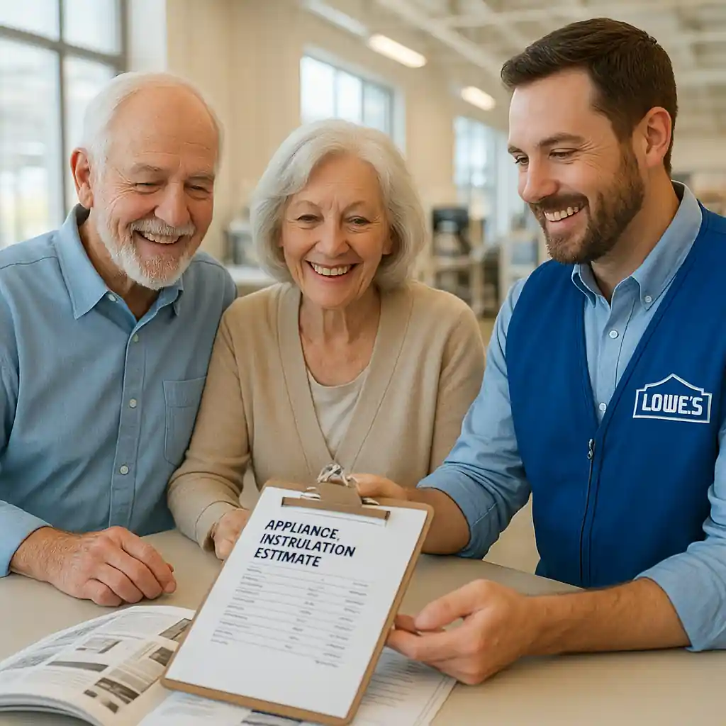Elderly couple reviewing Lowe's installation estimate at service desk showing lowes discount for seniors eligibility discussion